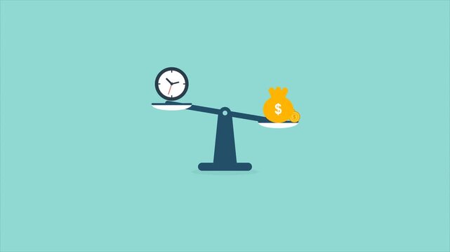 Minimalist animation of a scale balancing a clock and a money bag with dollar sign, representing time is money and work life balance concept.