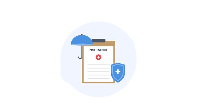 Health insurance form on clipboard animation with blue protection shield and umbrella symbols, isolated on clean white background.