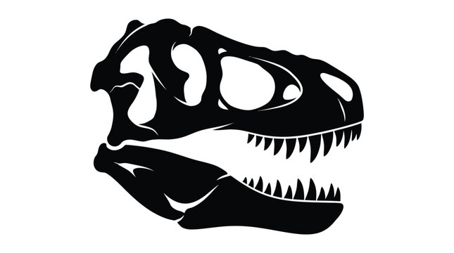 Minimalist black vector illustration showing a detailed tyrannosaurus rex dinosaur skull for modern graphic design