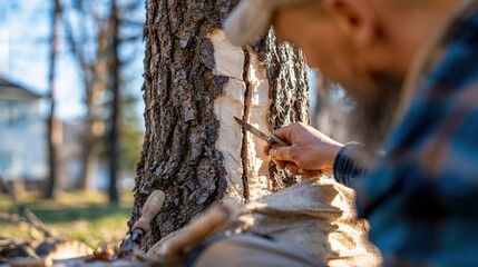 Obraz premium Close-up of a craftsman carving into the bark of a tree with a sharp tool outdoors