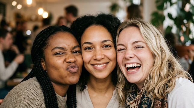 Three young women sharing laughter and good times together, captured in a warm, candid moment
