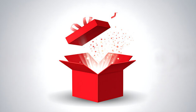 Red gift box opening with glowing light and confetti exploding upwards, concept for surprise and celebration