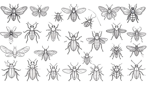collection of diverse insect outlines, including bees, flies, and beetles, arranged in a grid, decorative pattern elements