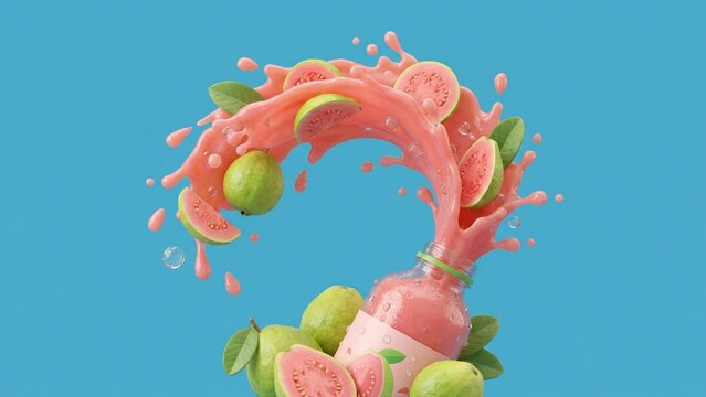 Fresh pink guava juice splash exploding out of glass bottle on blue background