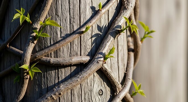 Young green leaves sprouting from the woody vines of a climbing butea superba plant on a weathered wooden post in bright sunlight.