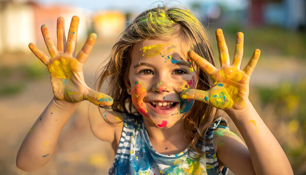 Joyful messy child with colorful paint splattered on face and hands, outdoor fun, creative expression, childhood memories