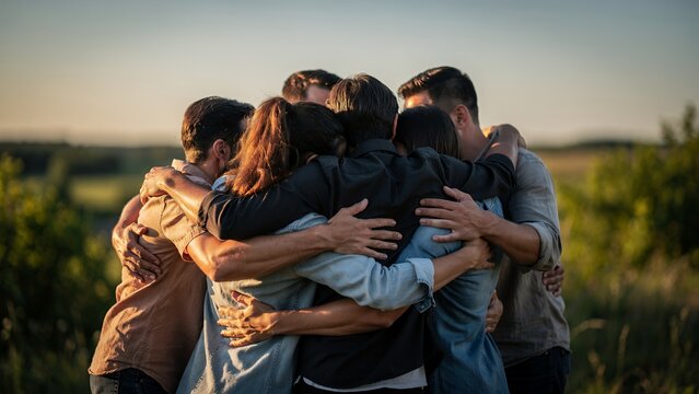 group of people hugging outdoors.
