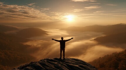 Fototapeta premium Man with open arms on mountain peak celebrating sunrise over misty valleys, inspiring freedom and achievement