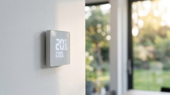 Smart digital thermostat on white wall showing temperature display in modern house interior for energy efficiency and HVAC management