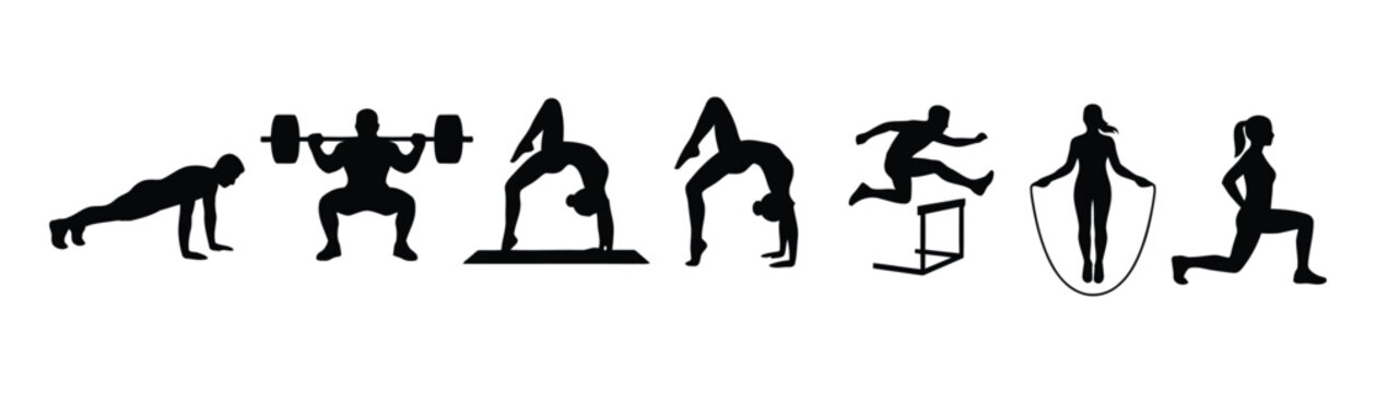 Fitness silhouette vector set of athletic people doing workout gym exercises gymnastics lifting weight skipping rope and jumping hurdle