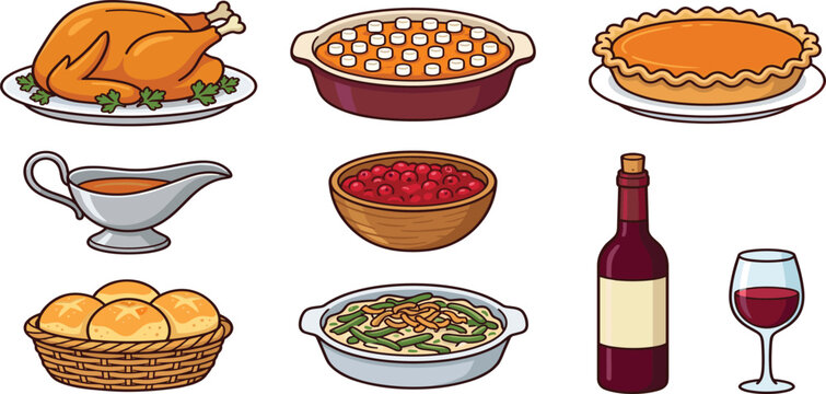 Traditional Thanksgiving Holiday Dinner Food Vector Icon Set with Roasted Turkey Pumpkin Pie Sweet Potato Casserole Gravy Buns Cranberry Sauce and Wine Elements