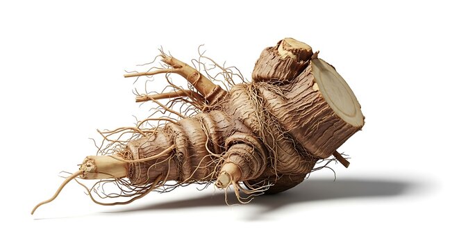 A close-up of a raw butea superba root, also known as red kwao krua, isolated on a clean white background, showcasing its unique fibrous texture and natural form.