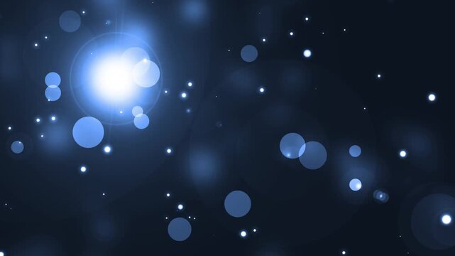 Bokeh light background animation, bright lens flare and scattered glowing orbs, soft foggy light and small star-like points