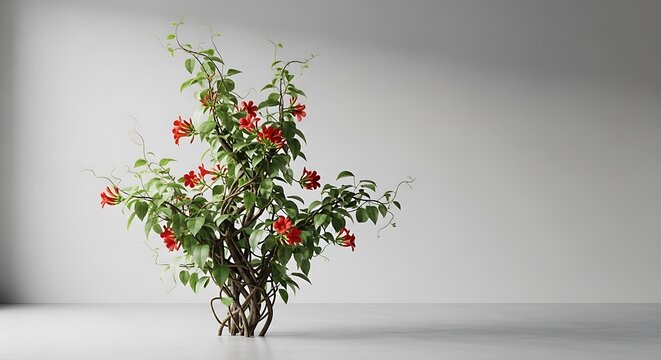 A beautiful butea superba woody climbing vine plant featuring vibrant red trumpet-shaped flowers and lush green leaves in a minimalist studio setting.