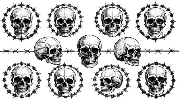 set of skulls and barbed wire, ominous and dark theme, for horror or gothic design