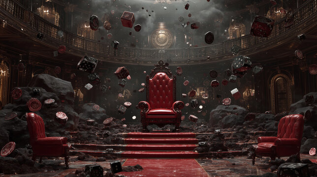 Ornate red leather throne on steps amid floating dice and wax seals in gilded hall with smoky cinematic lighting