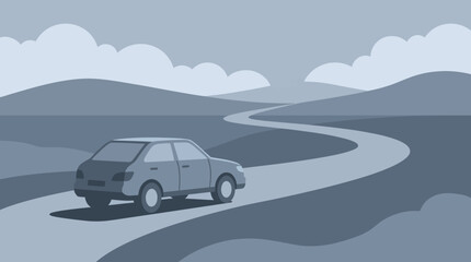 Naklejka premium A car drives along a winding road through a landscape with hills and clouds.