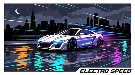 A sleek sports car speeds through a futuristic cityscape at night with Electro Speed. © Gunawan