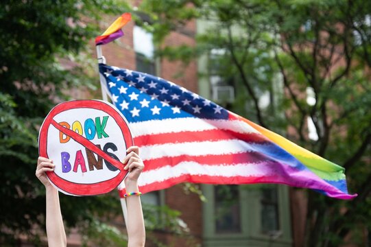 Anti book ban sign pride american flag