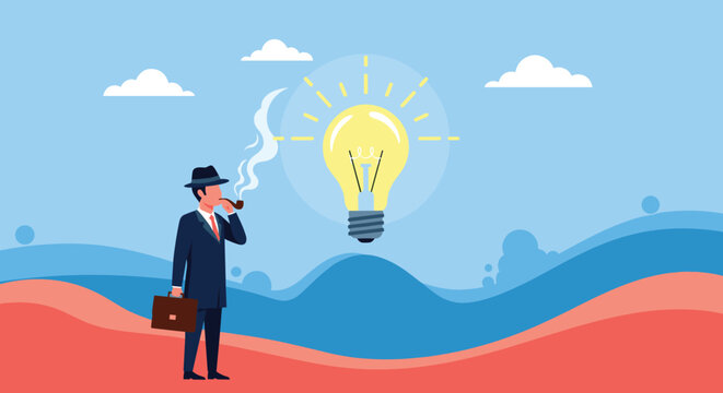 Classic businessman wearing a hat and smoking a pipe looks at a giant glowing lightbulb floating in a colorful abstract landscape setting.