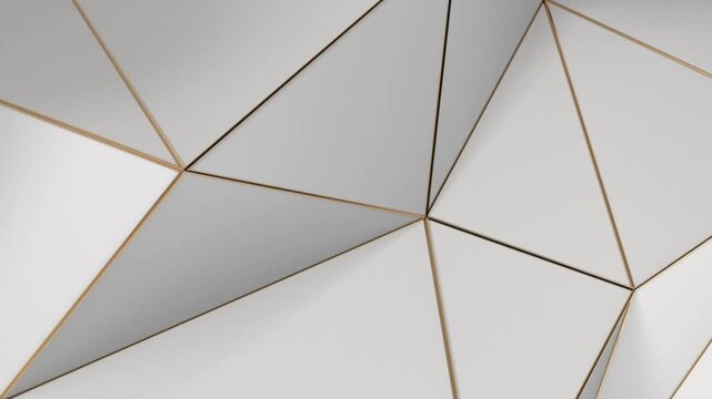 A minimalist white, low-poly 3D geometric structure. Every corner and grid line is accented with a luxurious, softly shimmering gold. 