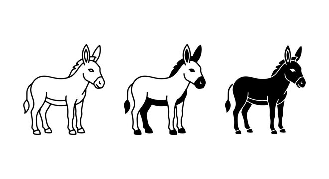 Donkey Icons Set, Farm Animal Vector Graphics, Livestock Silhouette Collection, Rural Mammal Illustrations