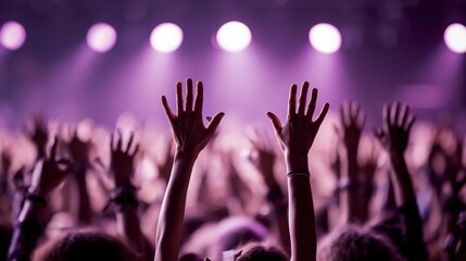 Obraz premium Crowd with hands raised in excitement at a vibrant concert or festival event
