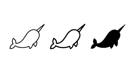 Narwhal Icons, Simple Outline and Silhouette Vector Graphics, Arctic Marine Mammal Art © Saiful
