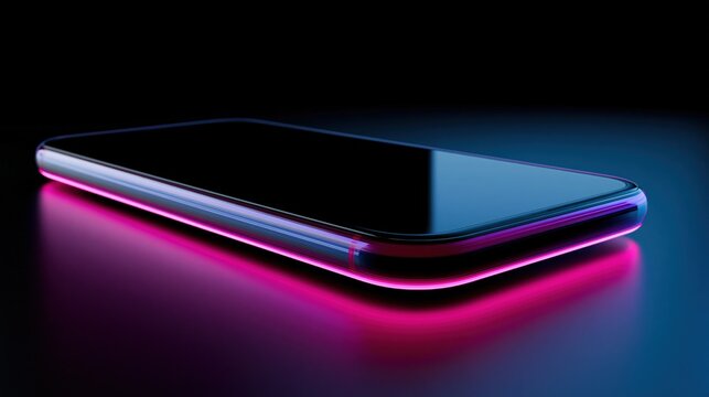 Sleek modern smartphone with glowing neon edge lighting on dark reflective surface, representing technology and innovation