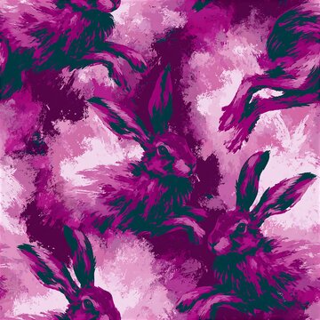 Celtic puca hare seamless pattern in pink block-print style