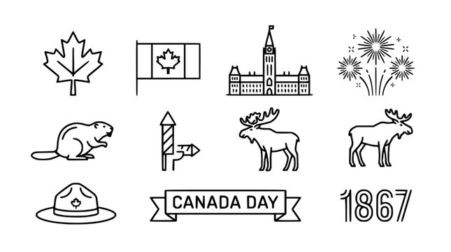 Canada Day Icons: Maple Leaf, Flag, Parliament, Moose, Beaver, Fireworks, RCMP Hat, Banner
