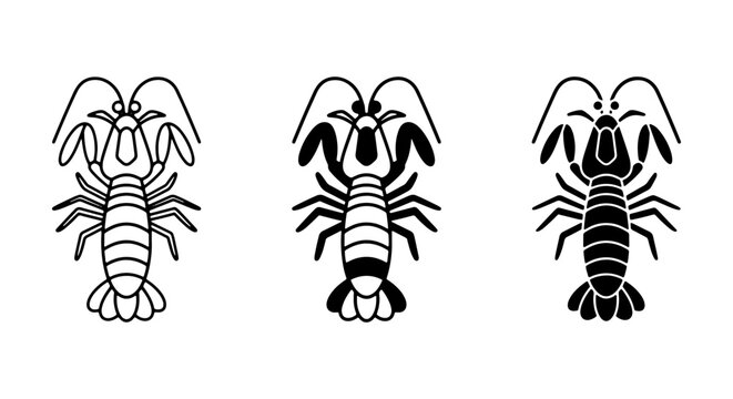 Lobster Icons Set, Seafood Vector Graphics, Crustacean Illustrations, Marine Life Symbols, Black and White