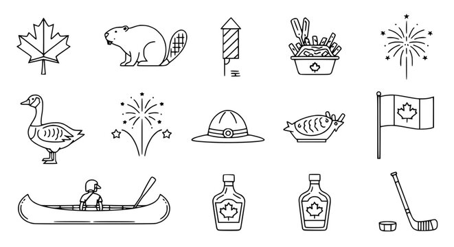 Canada Icons Collection: Maple Leaf, Beaver, Poutine, RCMP Hat, Canoe, Hockey, Flag