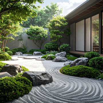 Serene Japanese rock garden with raked sand and lush greenery