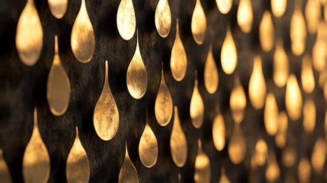Abstract gold teardrop shapes on dark background, backlit, close-up view.
