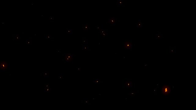 Flying fire sparks and glowing ember particles on dark background.Perfect as a cinematic VFX overlay,
fire particles effect Realistic surreal ember fire dust slowing rising up on black bg 4K.