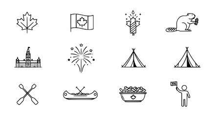 Canadian Icons Set: Maple Leaf, Flag, Beaver, Parliament, Canoe, Fireworks, Tipi © Malam