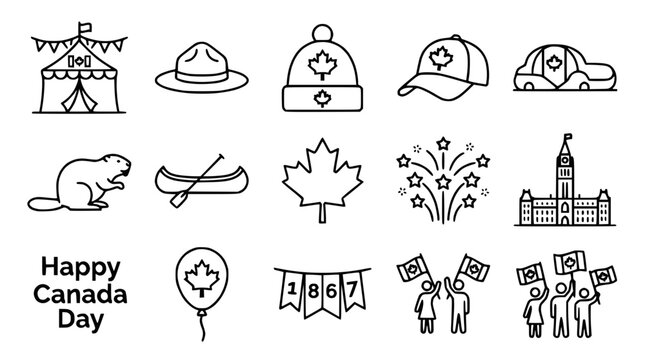Canada Day Icons: Maple Leaf, Beaver, RCMP Hat, Parliament, Canoe, Car, Fireworks