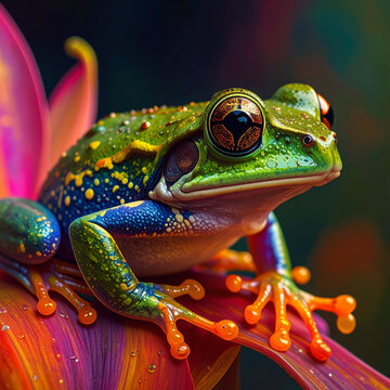 Colorful tree frog sitting on a vibrant flower petal