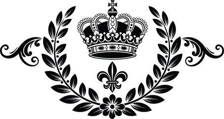 Royal emblem illustration with crown laurel wreath fleur de lis and ornamental design, decorative artwork vector element for luxury, vintage, and classic graphic design © MD Tariful islam