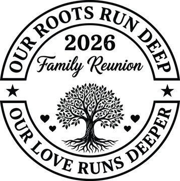 Family Reunion 2026 Badge with Family Tree Roots Symbol and Heritage Quote