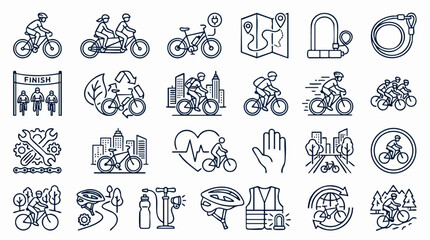 Fototapeta premium Cycling Icons Collection: A comprehensive set of line art icons representing various aspects of cycling, including riders, routes, gear, and urban environments.