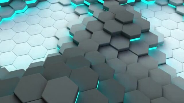 A futuristic hexagonal structure featuring a combination of white, dark gray, and black. This design is enhanced by neon-blue LED lights between the folds of the hexagonal shape.