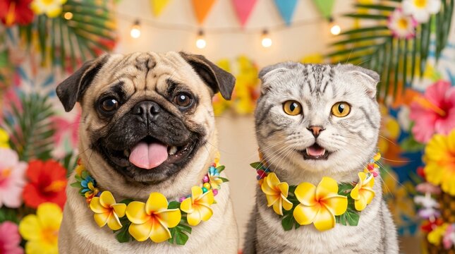 Fun Summer Luau Party Dog and Cat Headshot