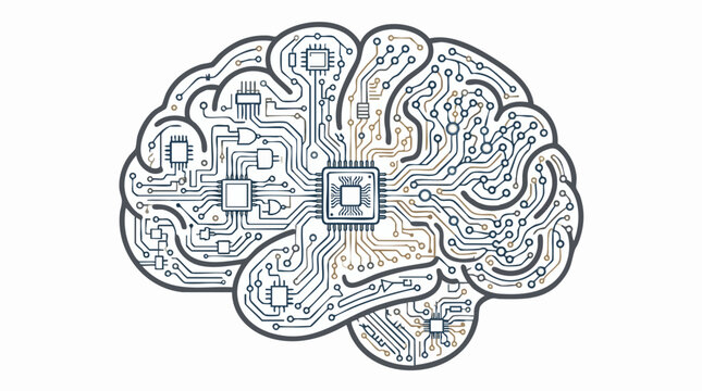 AI Brain Circuitry: An artistic representation of a human brain, depicted as intricate circuitry and microchips, symbolizing artificial intelligence and technological advancement.