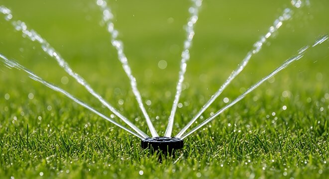 A close-up shot of a sprinkler head watering a lush green lawn with multiple streams of water.
