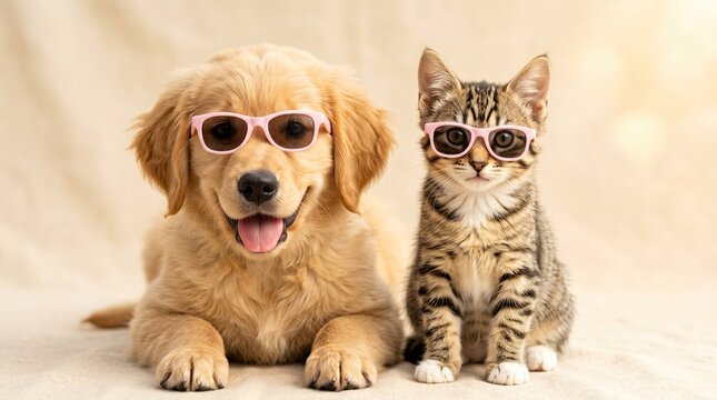 Minimalist Summer Headshot of Dog and Cat with Sunglasses
