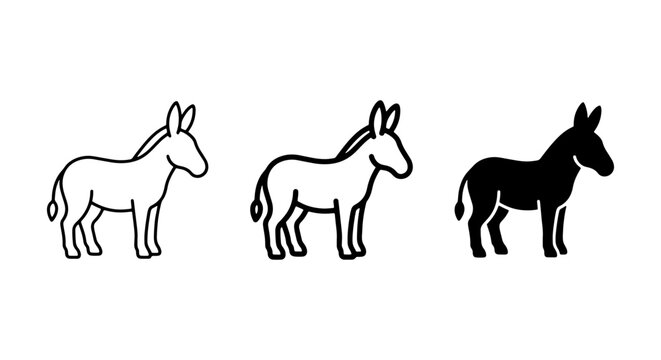 Donkey Icons Set, Simple Outline and Silhouette Vector Graphics, Farm Animal and Mammal Illustrations for Livestock and Rural Themes