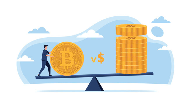 Determined man balancing a large bitcoin against a stack of gold coins on a seesaw to compare digital and fiat currency.