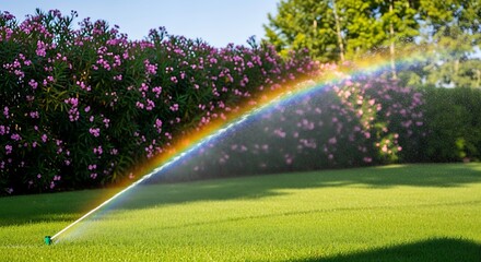 Obraz premium A sprinkler sprays water creating a vibrant rainbow arc over a lush green lawn with blooming pink flowers in the background.